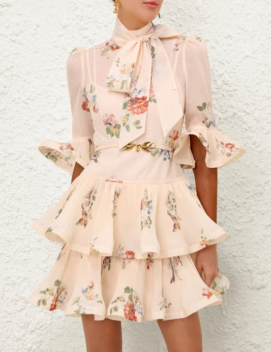Pleated Sleeved Mini Dress