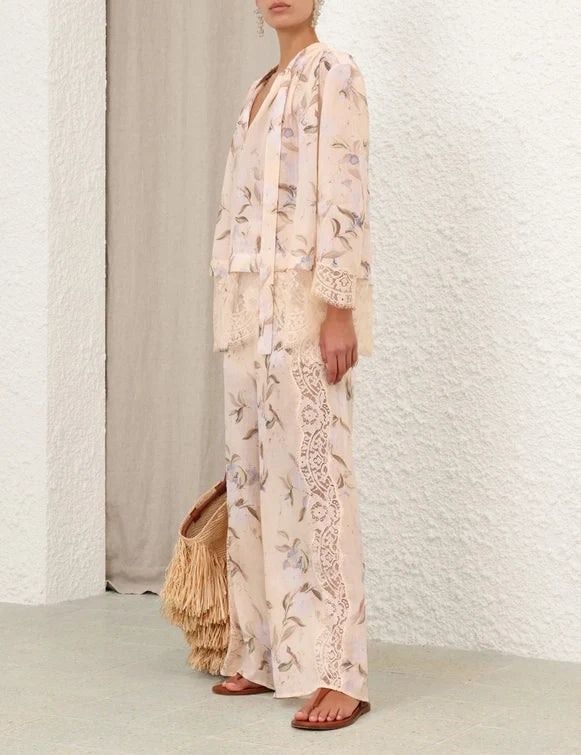 Cascadian Lace Tie Neck Blouse & Trimmed Pant Set