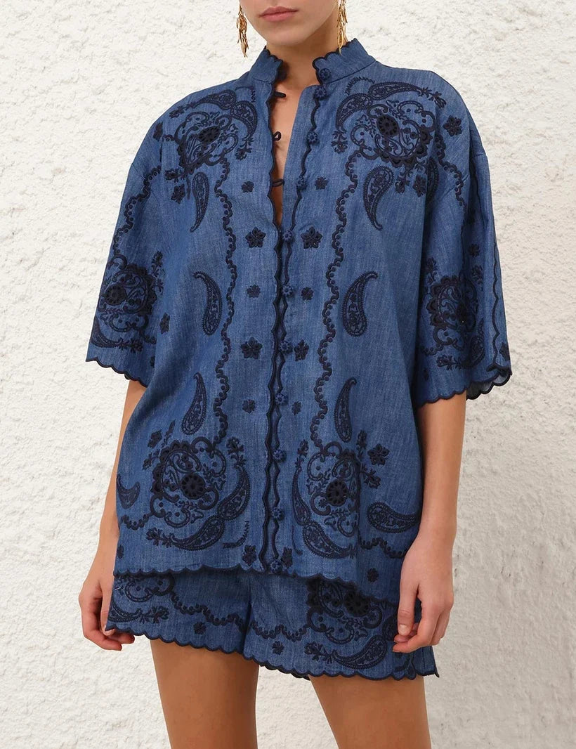 Aster Embroidered Denim Shirt & Short Set