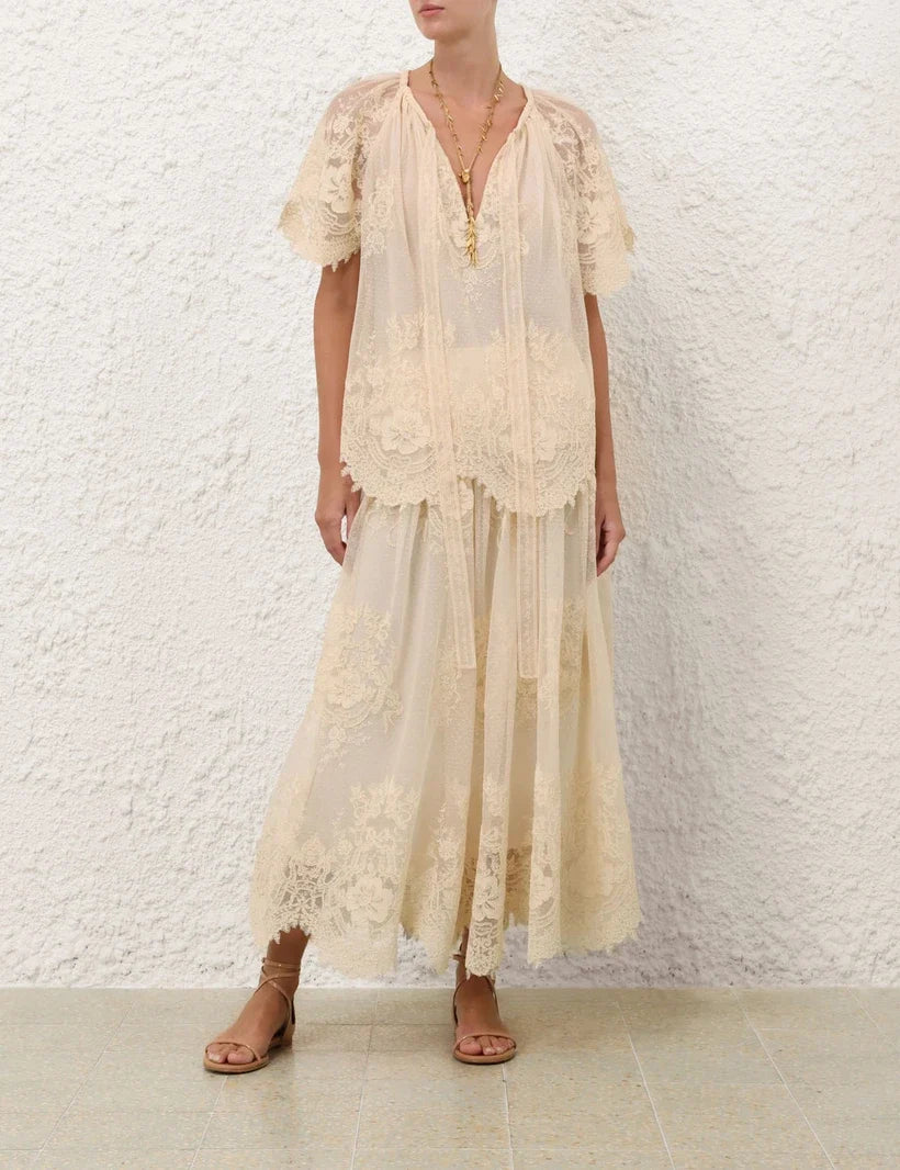 Luna Lace Flutter Blouse & Maxi Skirt Set