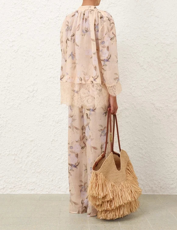 Cascadian Lace Tie Neck Blouse & Trimmed Pant Set
