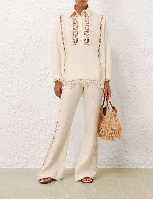 Illuminate Trimmed Shirt & Flare Pant Set