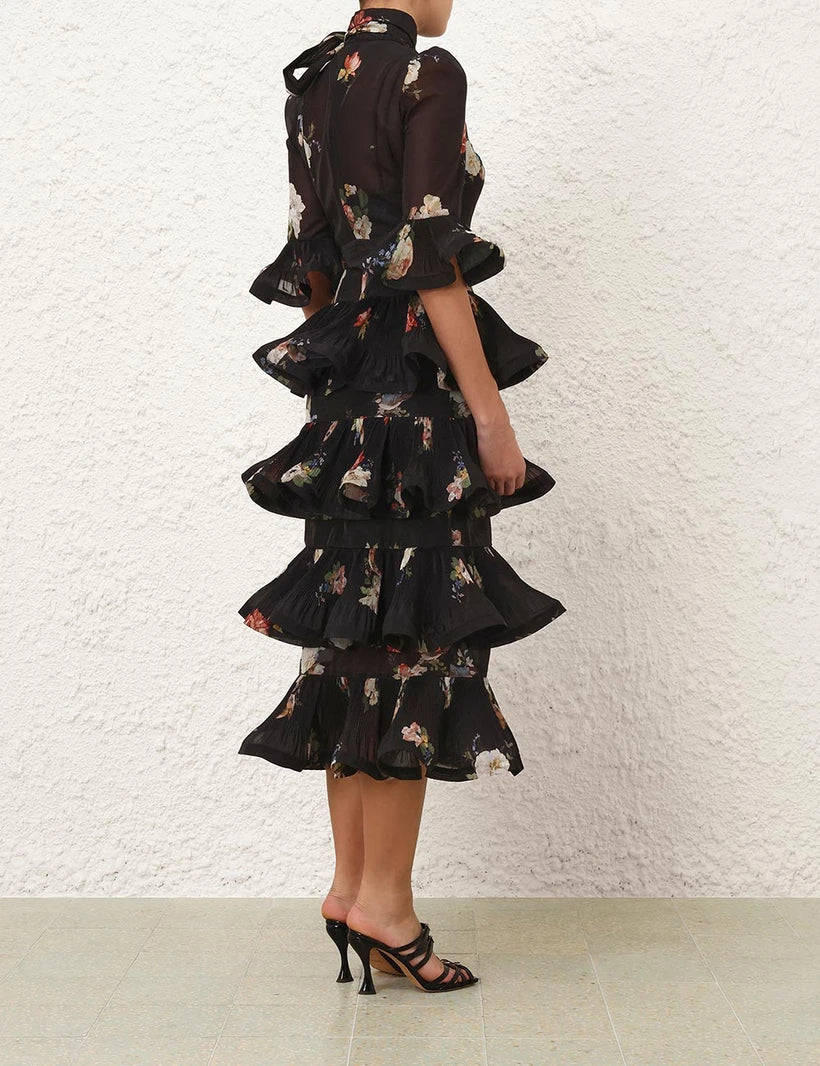 Pleated Sleeved Midi Dress