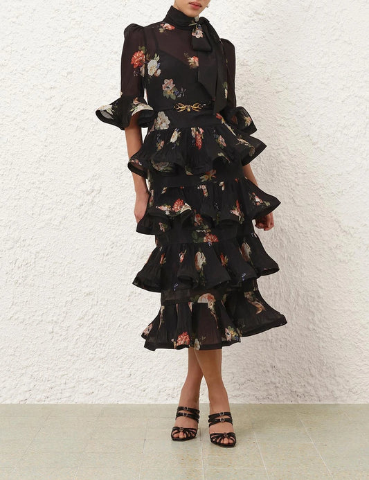 Pleated Sleeved Midi Dress