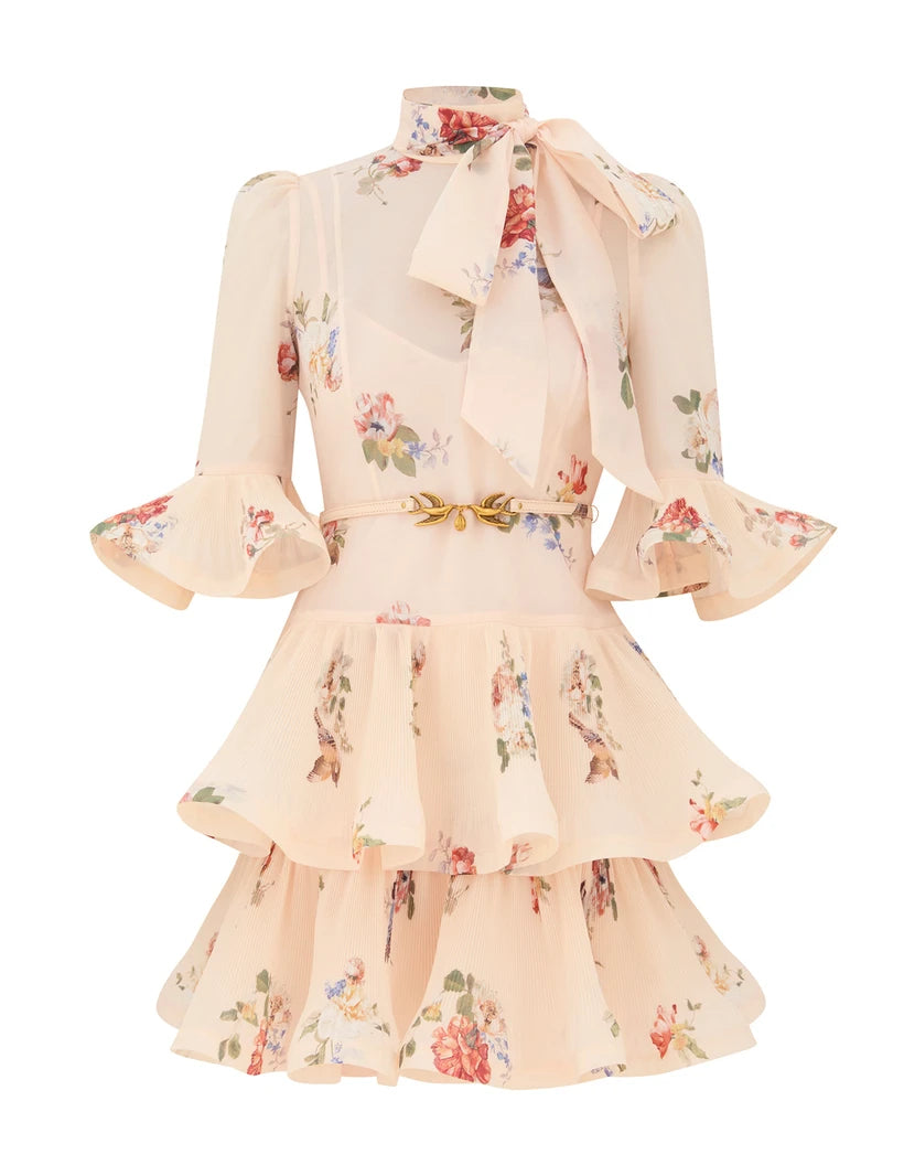 Pleated Sleeved Mini Dress