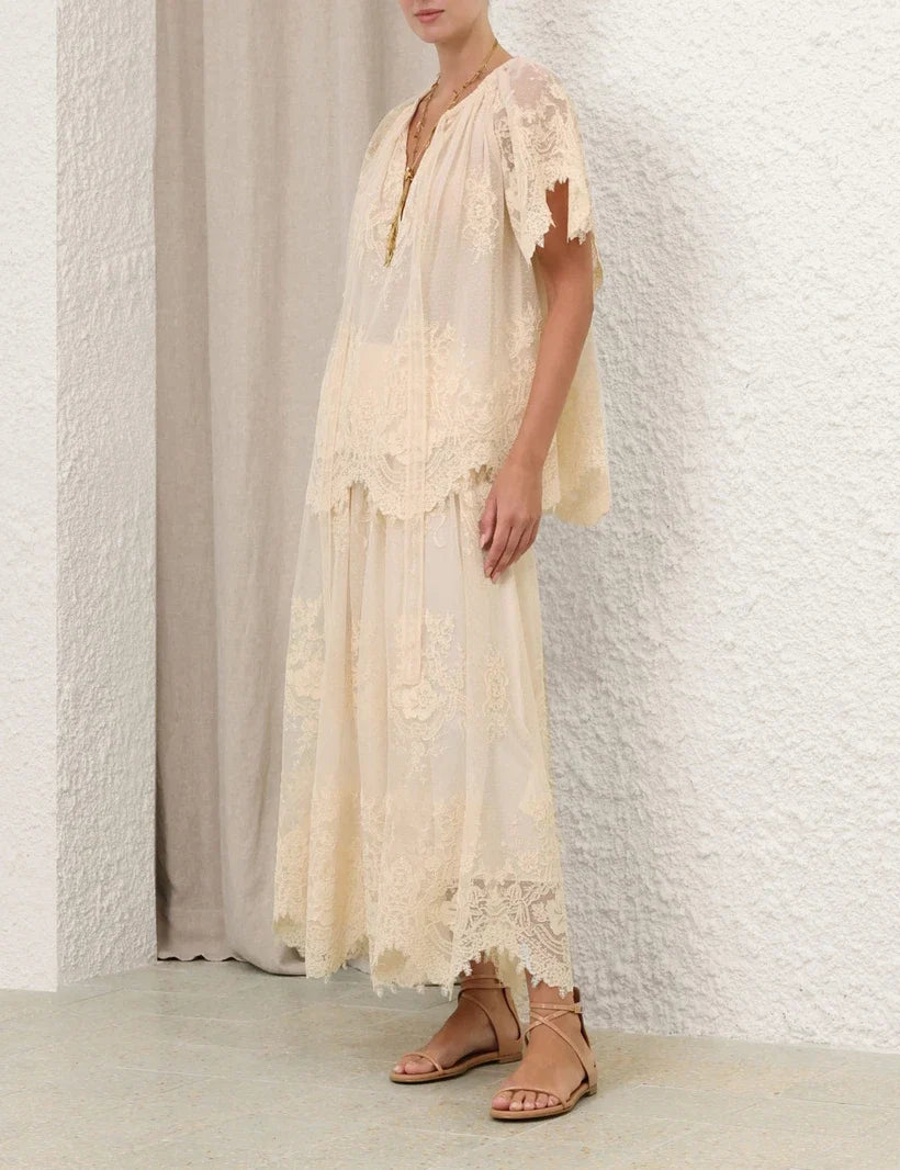 Luna Lace Flutter Blouse & Maxi Skirt Set